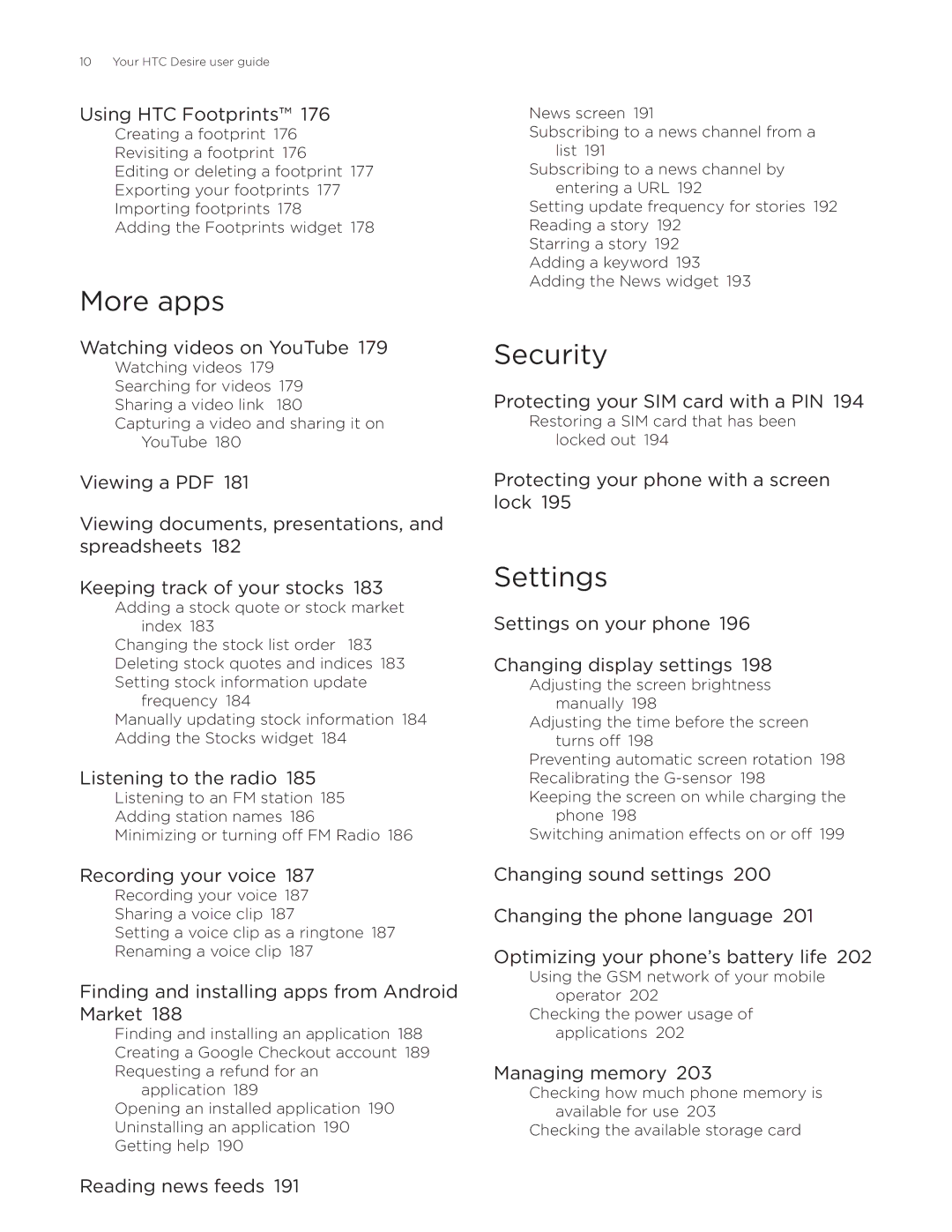 HTC Desire manual More apps, Security, Settings 