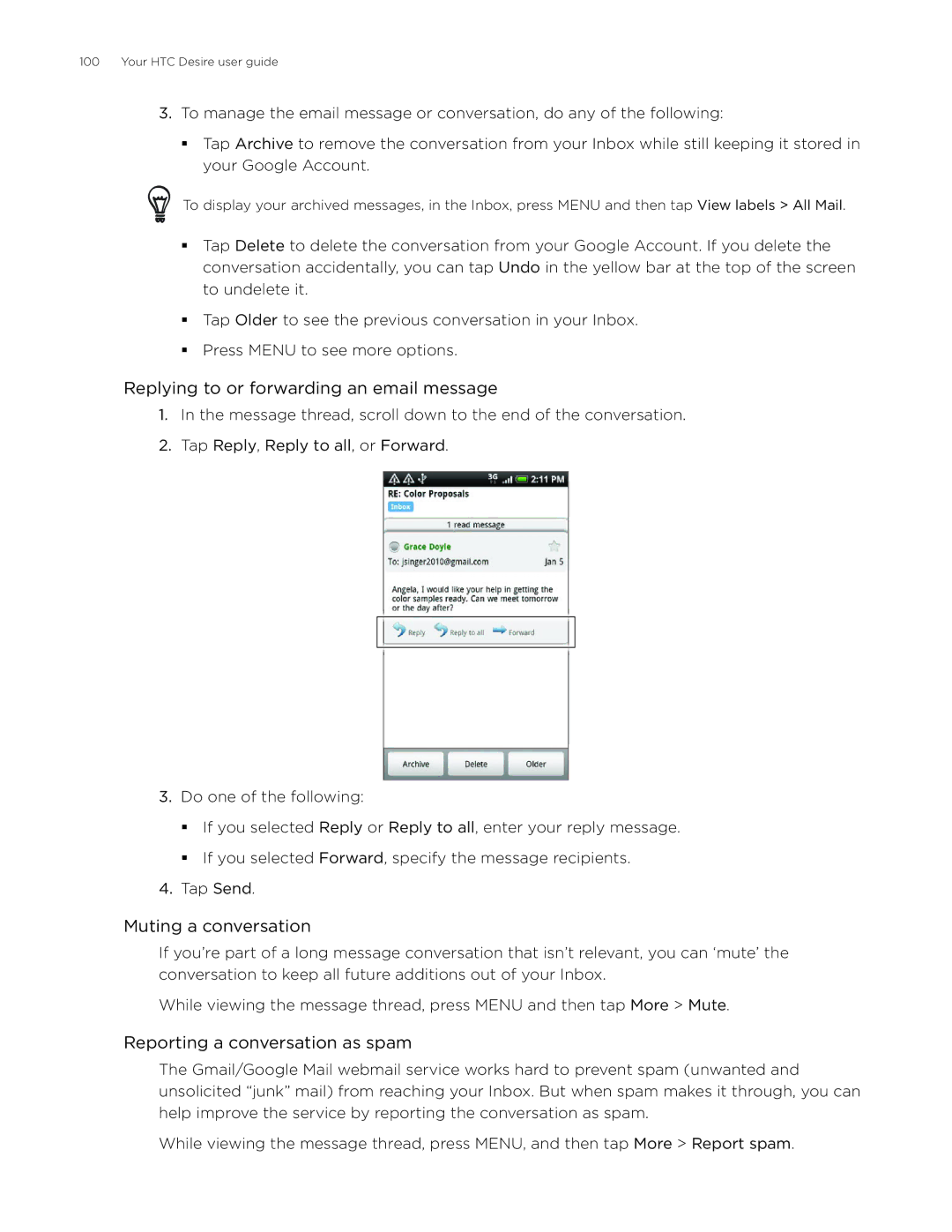 HTC Desire manual Replying to or forwarding an email message, Muting a conversation, Reporting a conversation as spam 