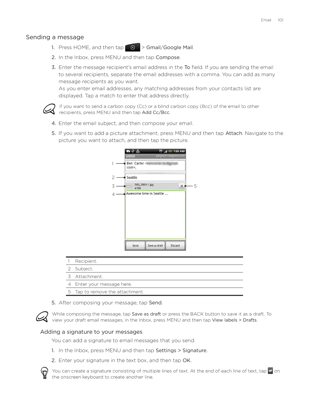 HTC Desire manual Sending a message, Adding a signature to your messages 