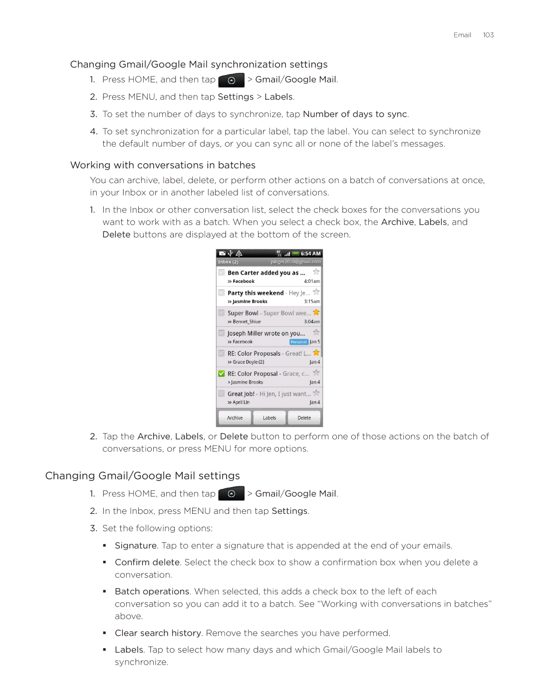 HTC Desire manual Changing Gmail/Google Mail settings, Changing Gmail/Google Mail synchronization settings 