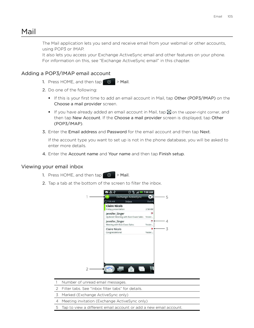 HTC Desire manual Mail, Adding a POP3/IMAP email account, Viewing your email inbox 