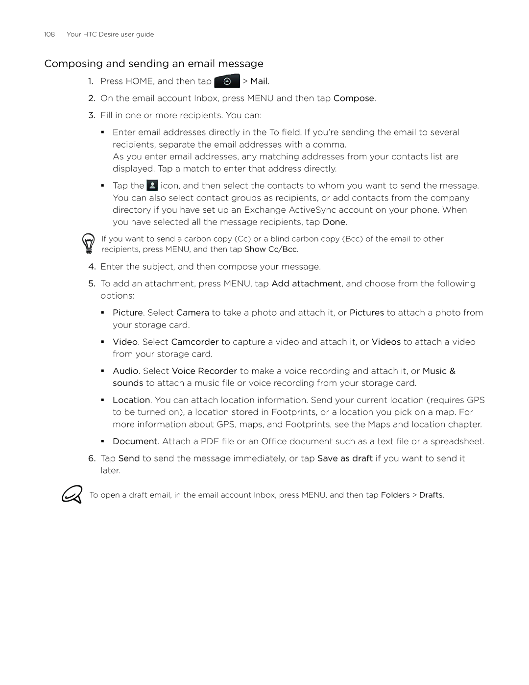 HTC Desire manual Composing and sending an email message 