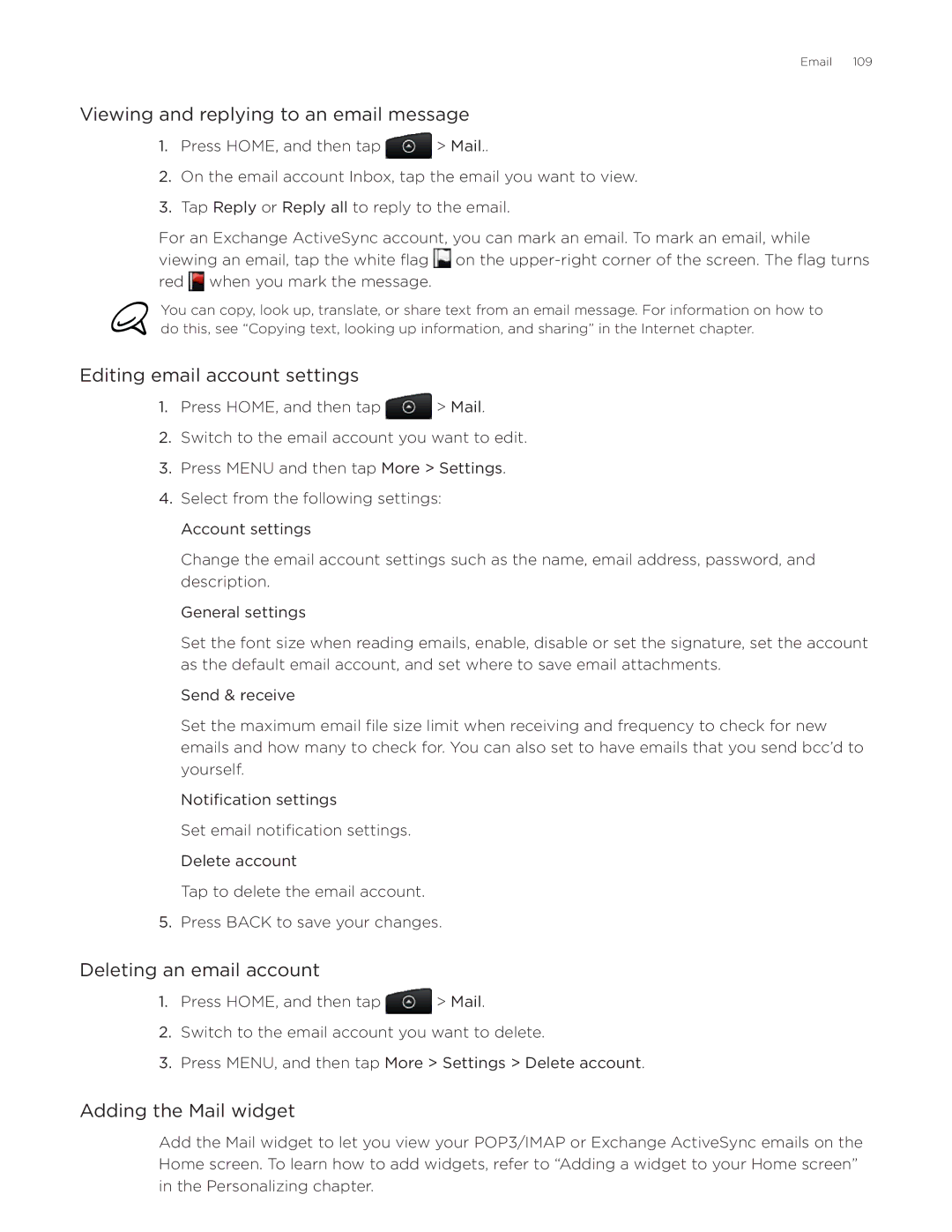 HTC Desire manual Viewing and replying to an email message, Editing email account settings, Deleting an email account 