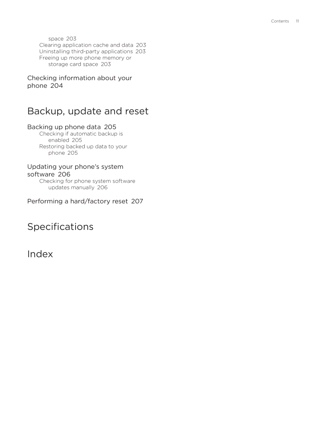 HTC Desire manual Backup, update and reset, Specifications Index 