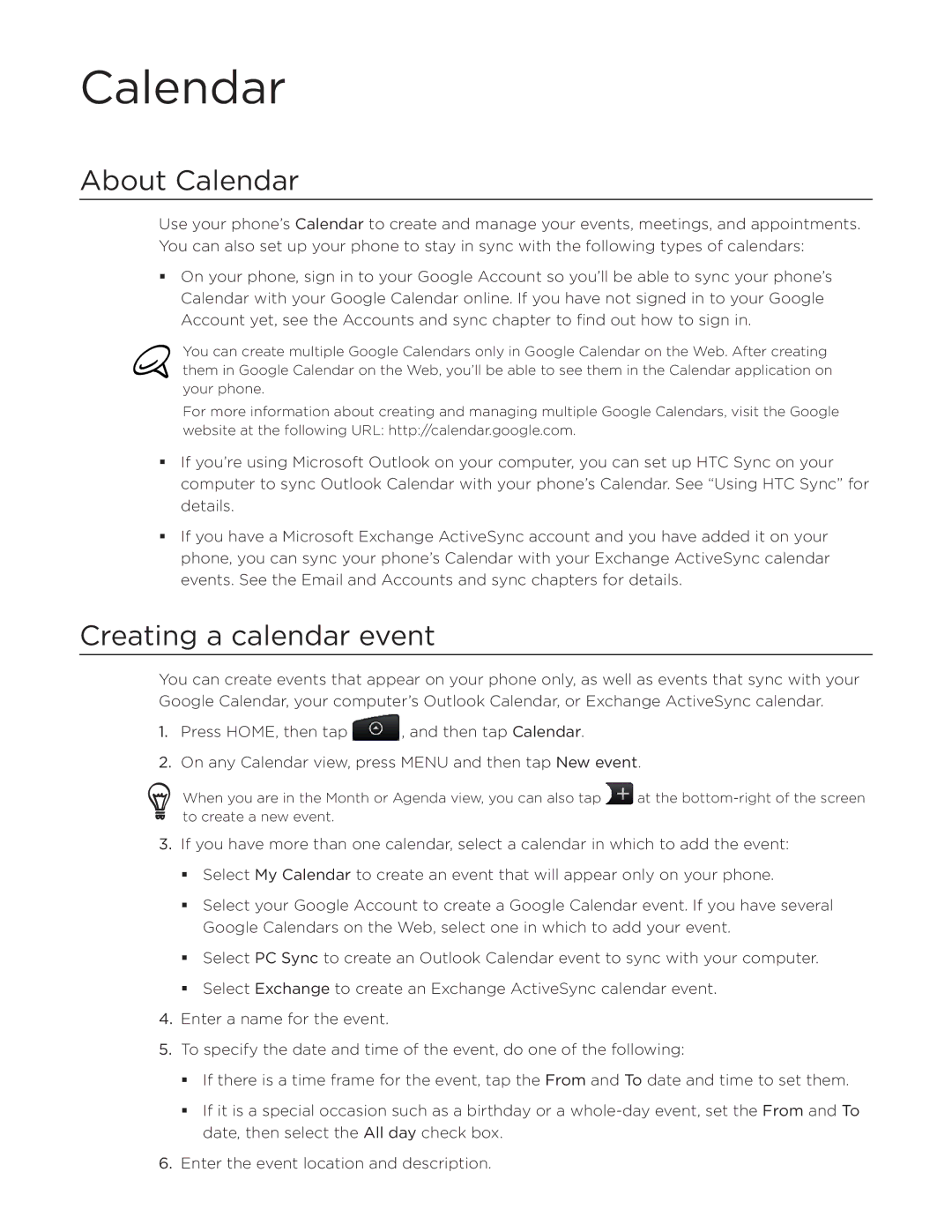 HTC Desire manual About Calendar, Creating a calendar event 