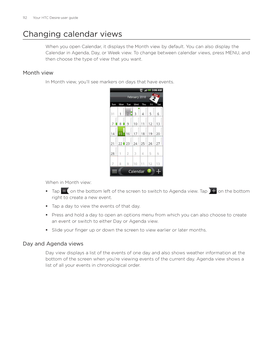 HTC Desire manual Changing calendar views, Month view, Day and Agenda views 