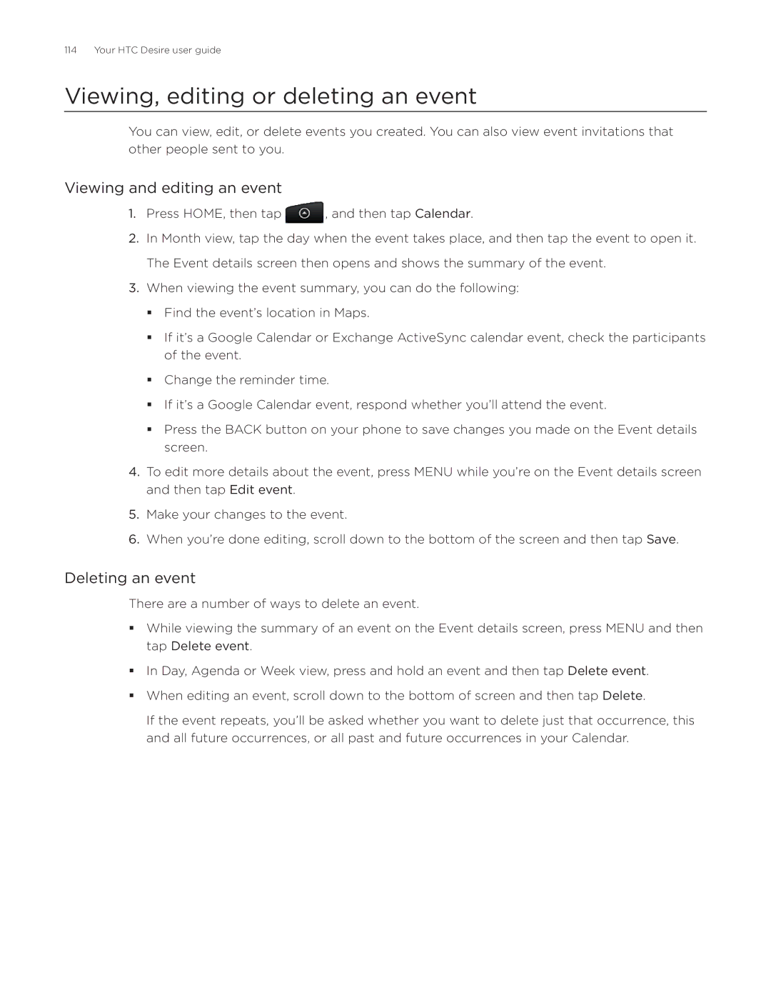 HTC Desire manual Viewing, editing or deleting an event, Viewing and editing an event, Deleting an event 