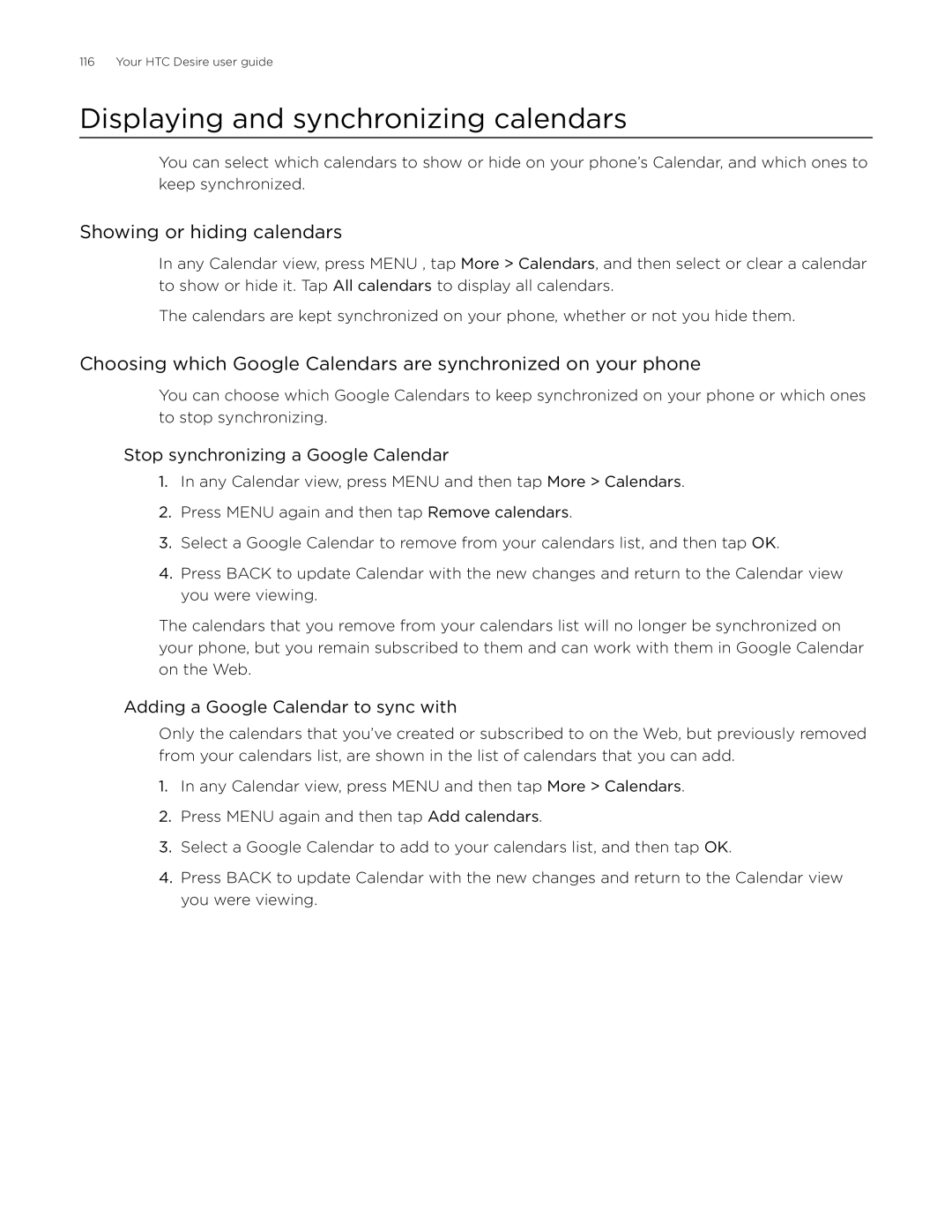 HTC Desire manual Displaying and synchronizing calendars, Showing or hiding calendars, Stop synchronizing a Google Calendar 