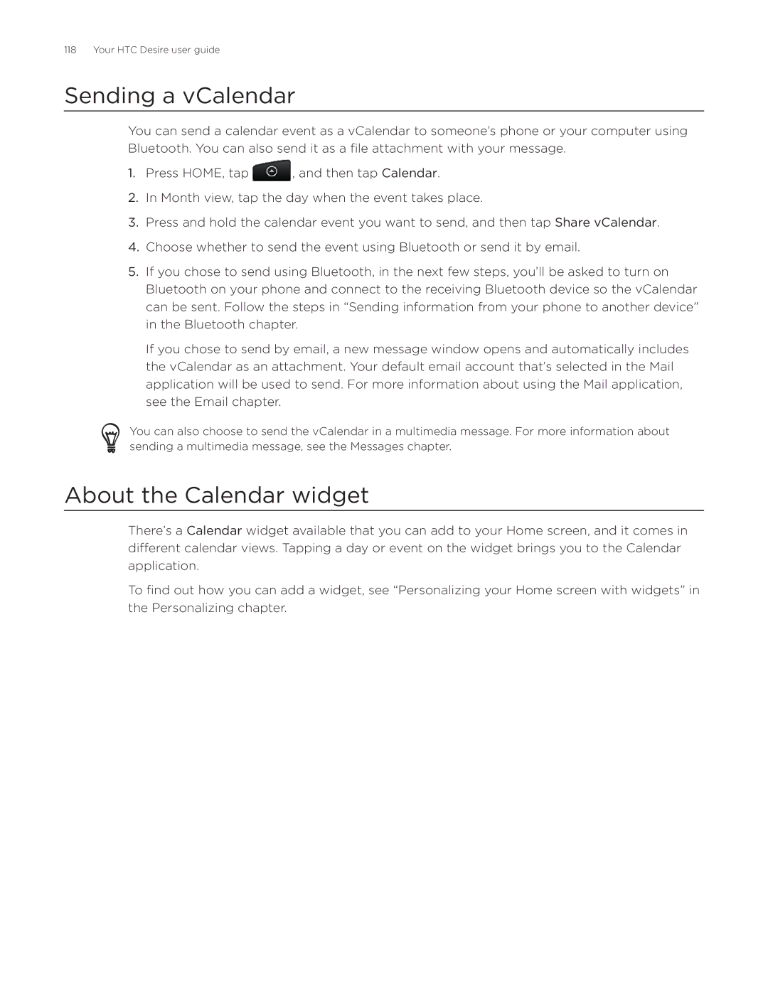 HTC Desire manual Sending a vCalendar, About the Calendar widget 