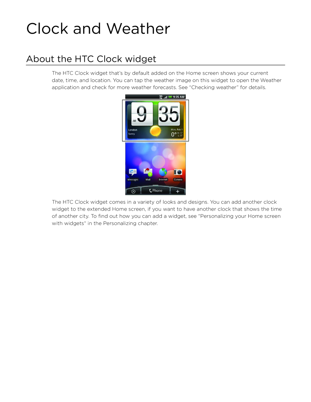 HTC Desire manual Clock and Weather, About the HTC Clock widget 