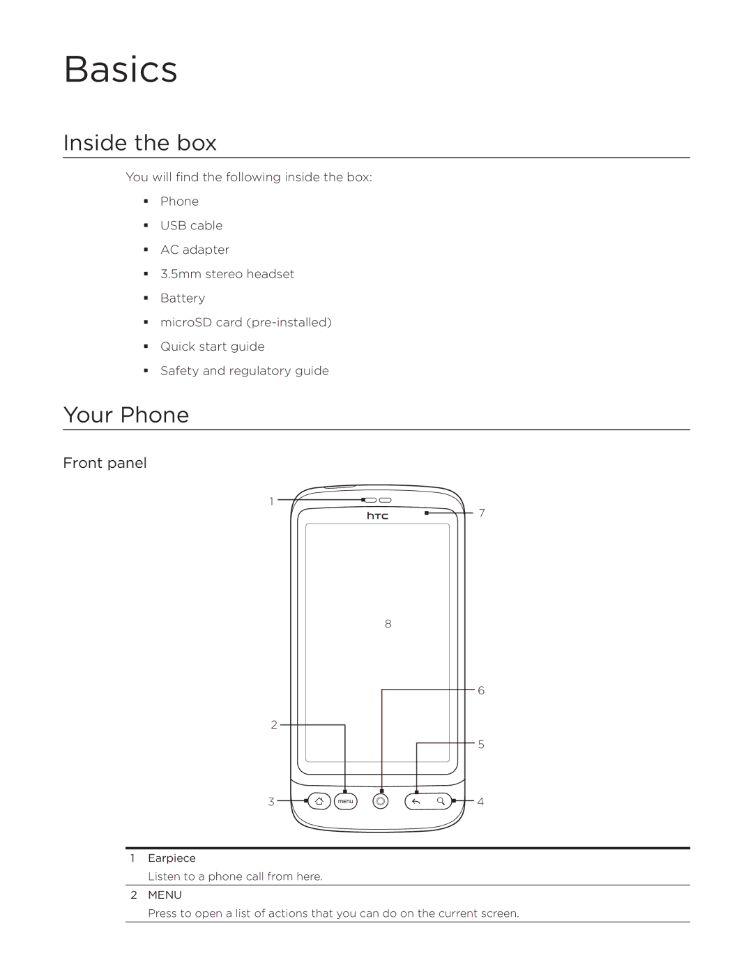 HTC Desire manual Basics, Inside the box, Your Phone, Front panel 