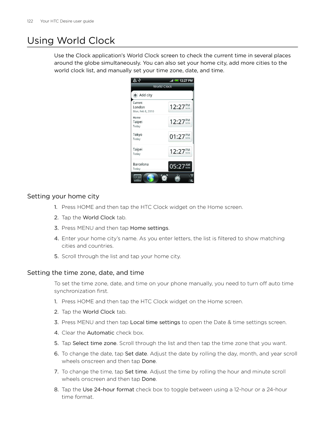 HTC Desire manual Using World Clock, Setting your home city, Setting the time zone, date, and time 