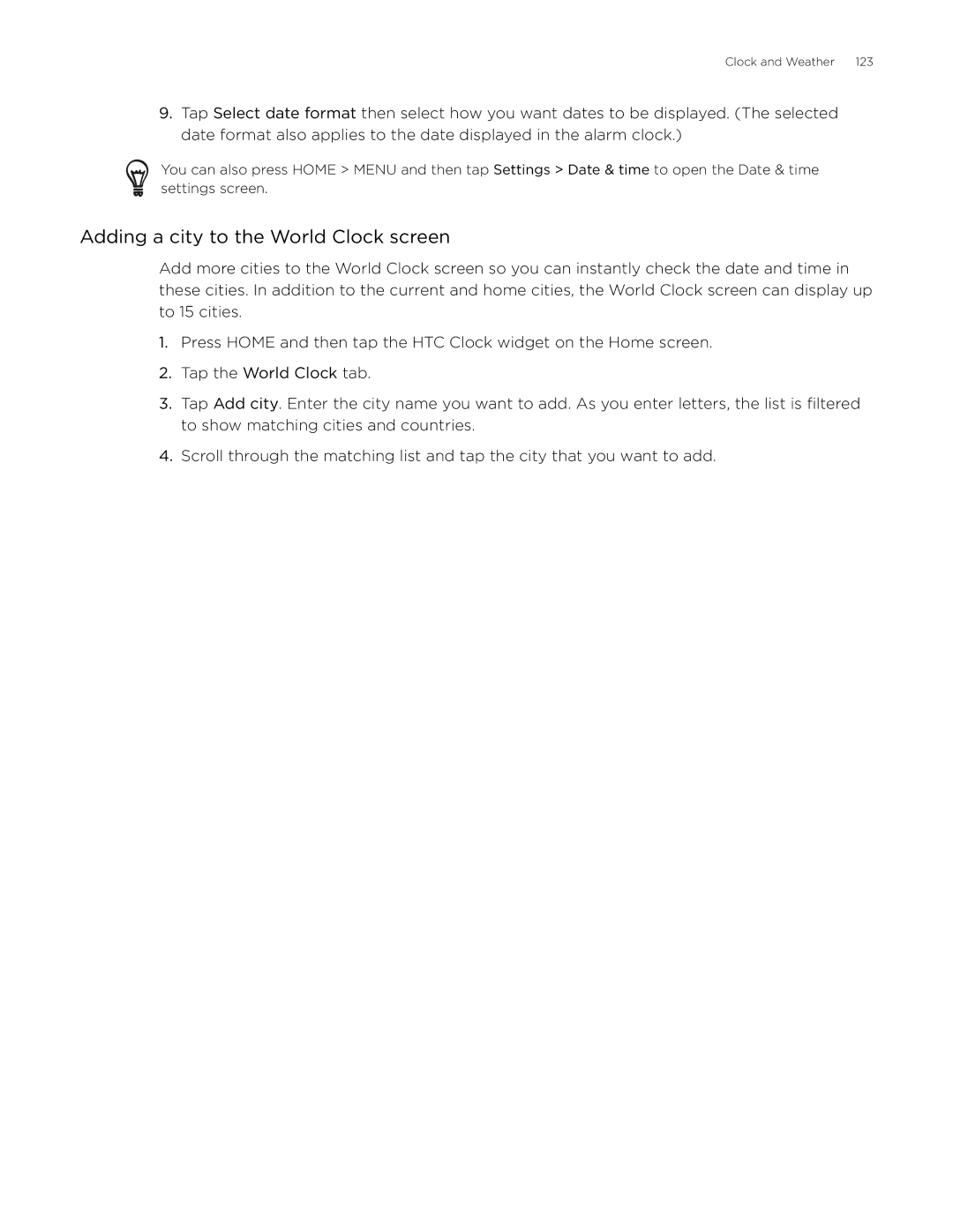 HTC Desire manual Adding a city to the World Clock screen 