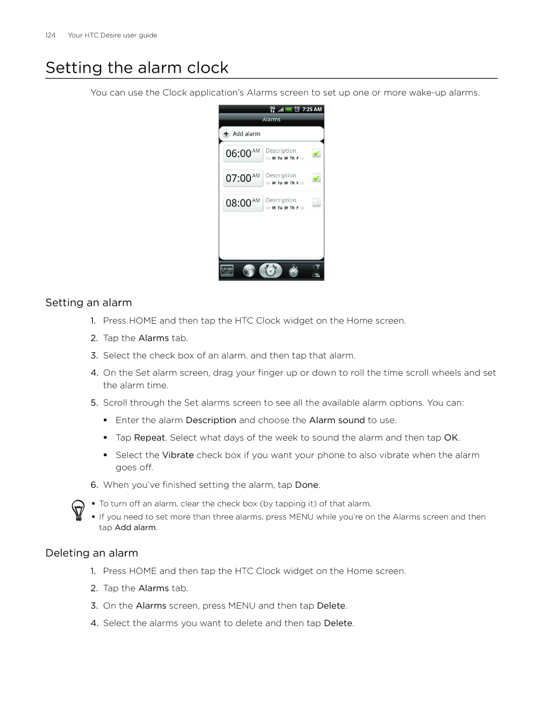 HTC Desire manual Setting the alarm clock, Setting an alarm, Deleting an alarm 