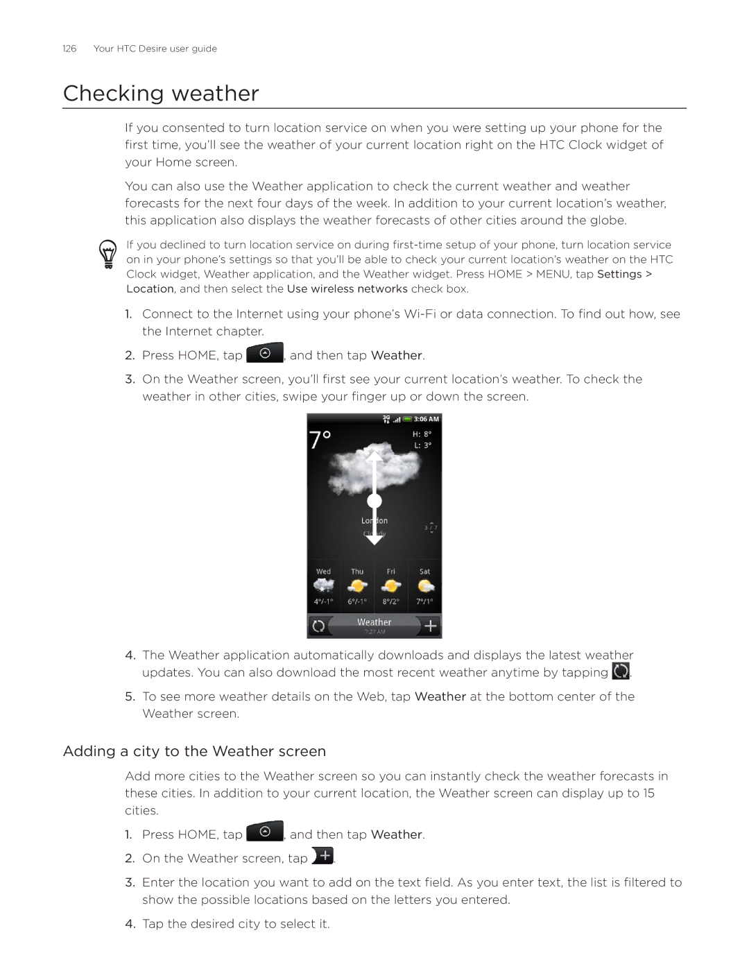 HTC Desire manual Checking weather, Adding a city to the Weather screen 