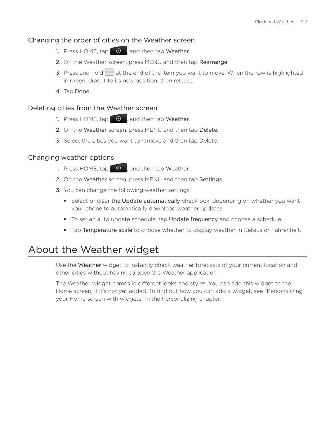 HTC Desire manual About the Weather widget, Changing the order of cities on the Weather screen, Changing weather options 