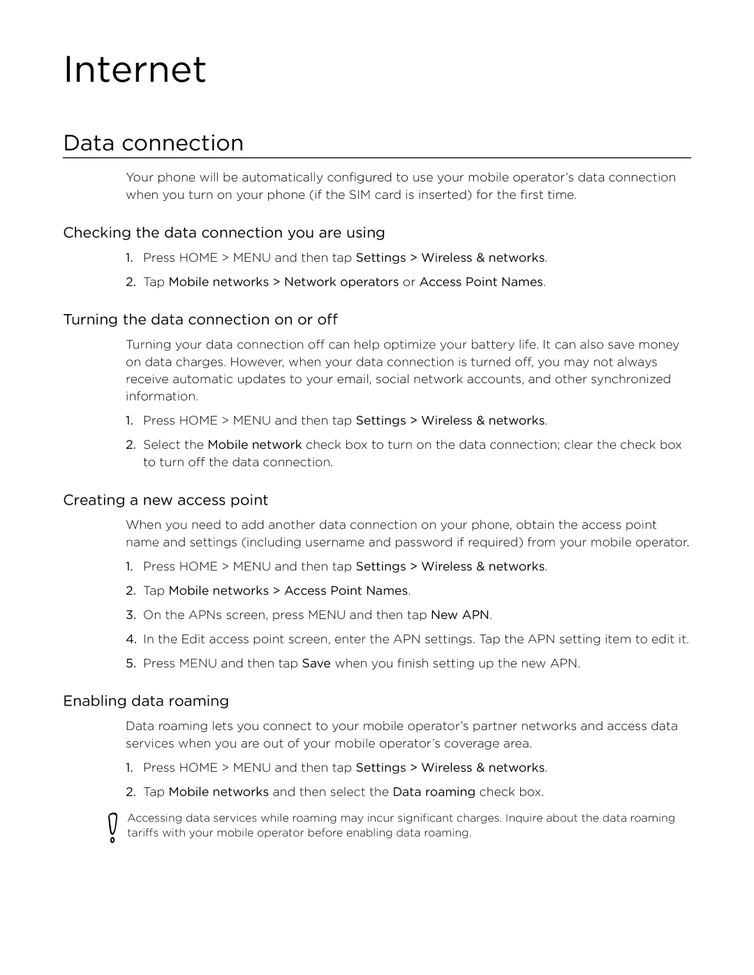 HTC Desire manual Internet, Data connection 