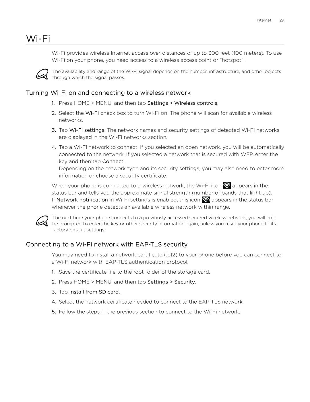 HTC Desire Turning Wi-Fi on and connecting to a wireless network, Connecting to a Wi-Fi network with EAP-TLS security 