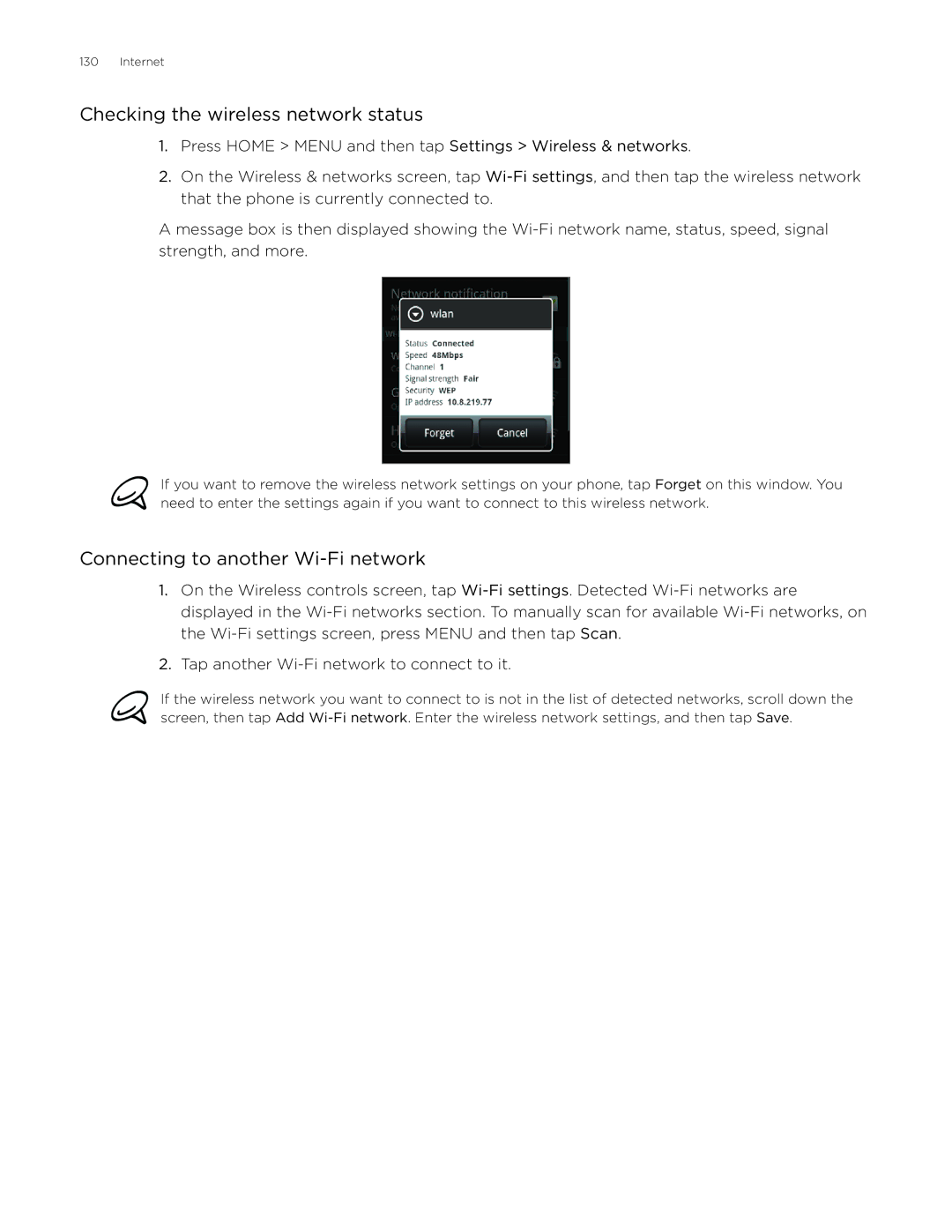 HTC Desire manual Checking the wireless network status, Connecting to another Wi-Fi network 