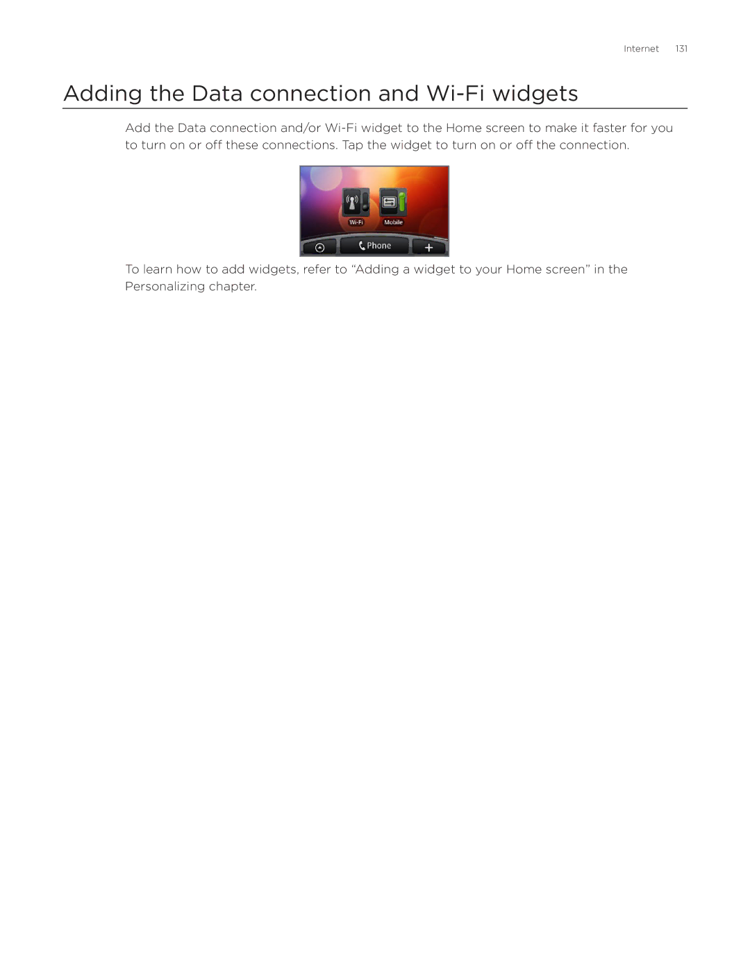 HTC Desire manual Adding the Data connection and Wi-Fi widgets 
