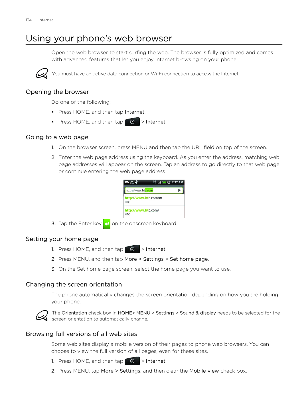 HTC Desire manual Using your phone’s web browser 