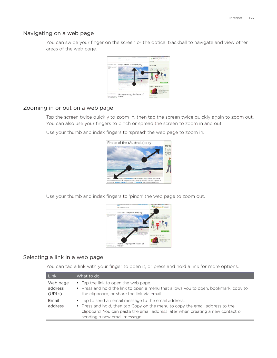 HTC Desire manual Navigating on a web, Zooming in or out on a web, Selecting a link in a web 