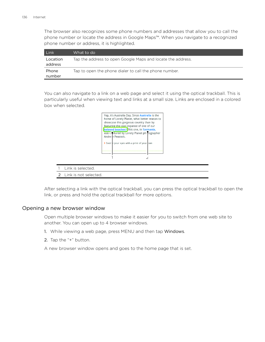 HTC Desire manual Opening a new browser window 