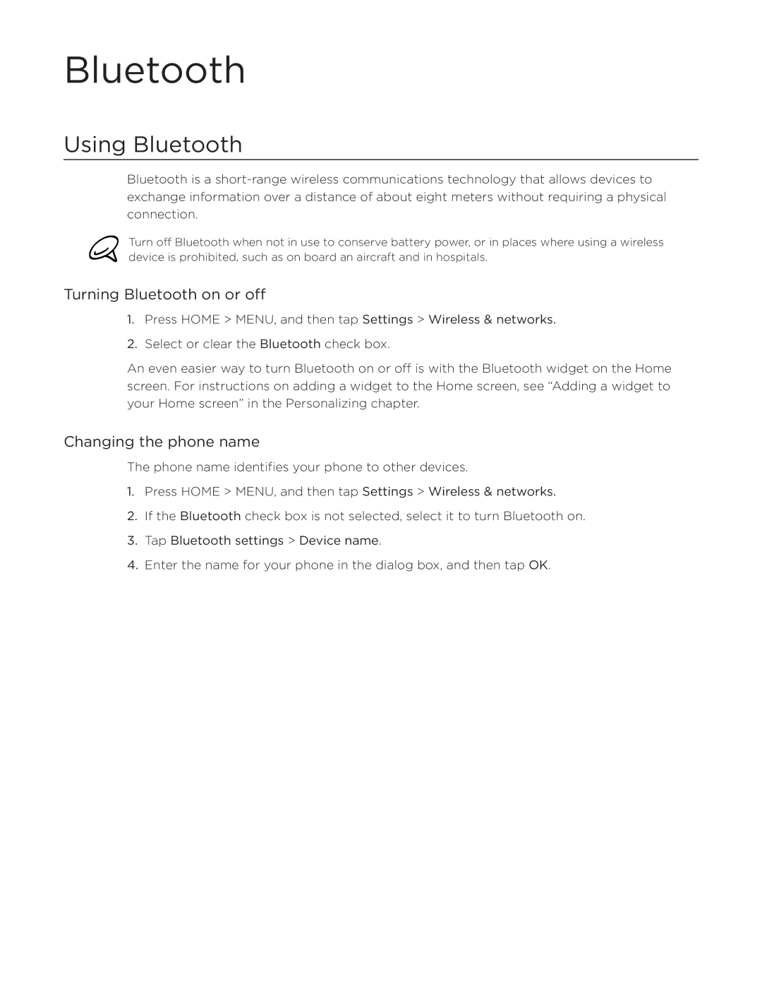 HTC Desire manual Using Bluetooth, Turning Bluetooth on or off, Changing the phone name 