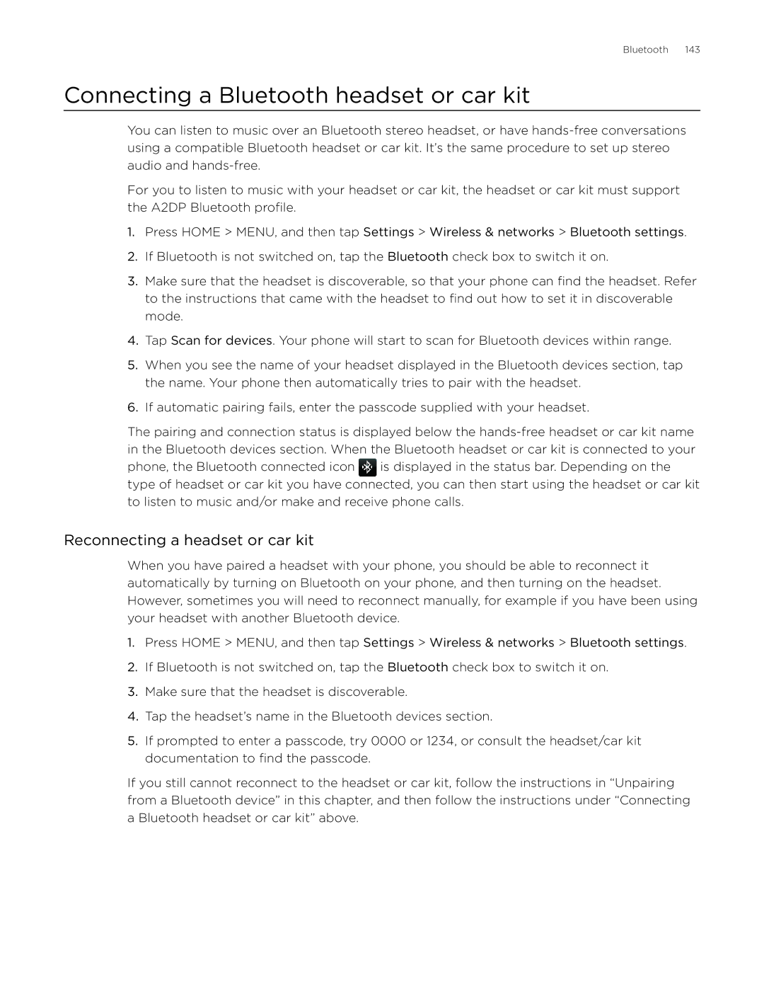 HTC Desire manual Connecting a Bluetooth headset or car kit, Reconnecting a headset or car kit 