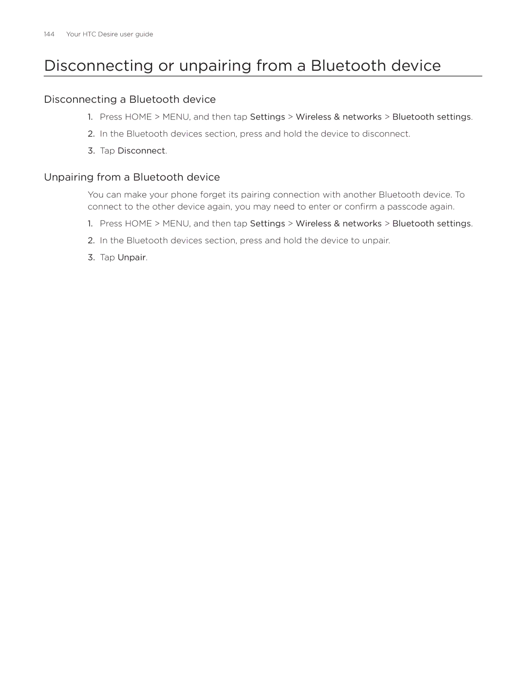 HTC Desire manual Disconnecting or unpairing from a Bluetooth device, Disconnecting a Bluetooth device 