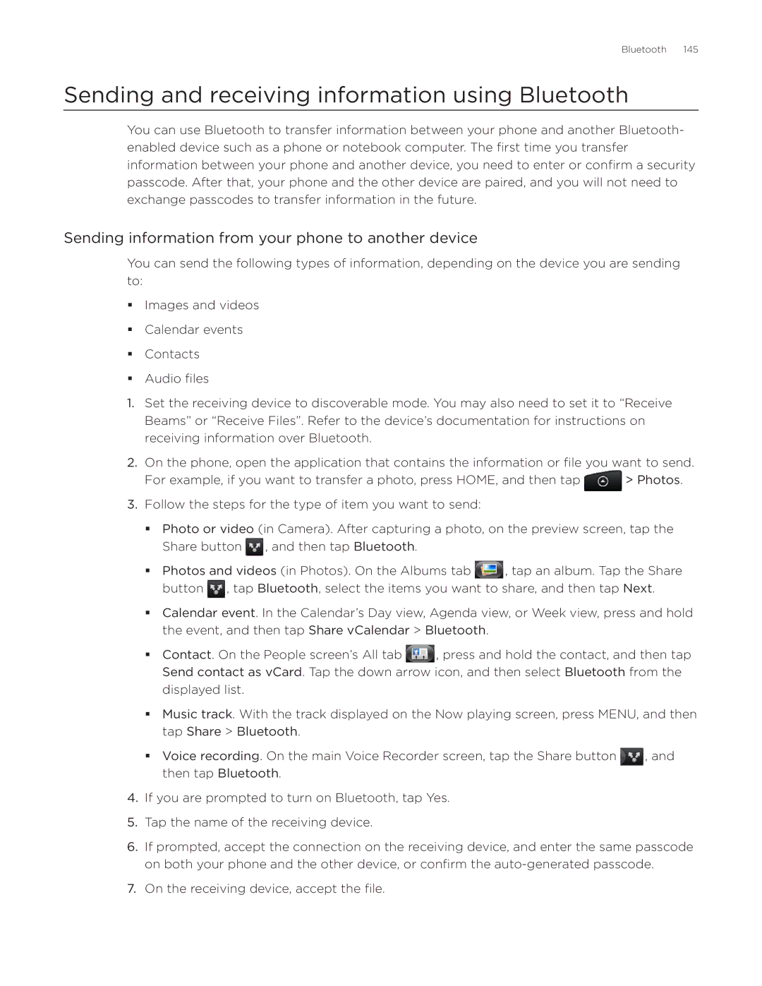 HTC Desire manual Sending and receiving information using Bluetooth, Sending information from your phone to another device 