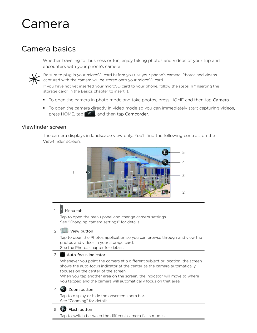 HTC Desire manual Camera basics, Viewfinder screen 