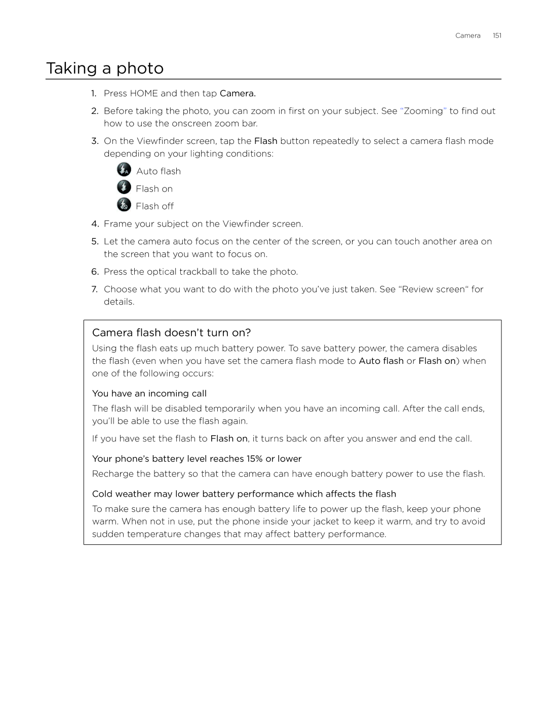 HTC Desire manual Taking a photo, Camera flash doesn’t turn on? 