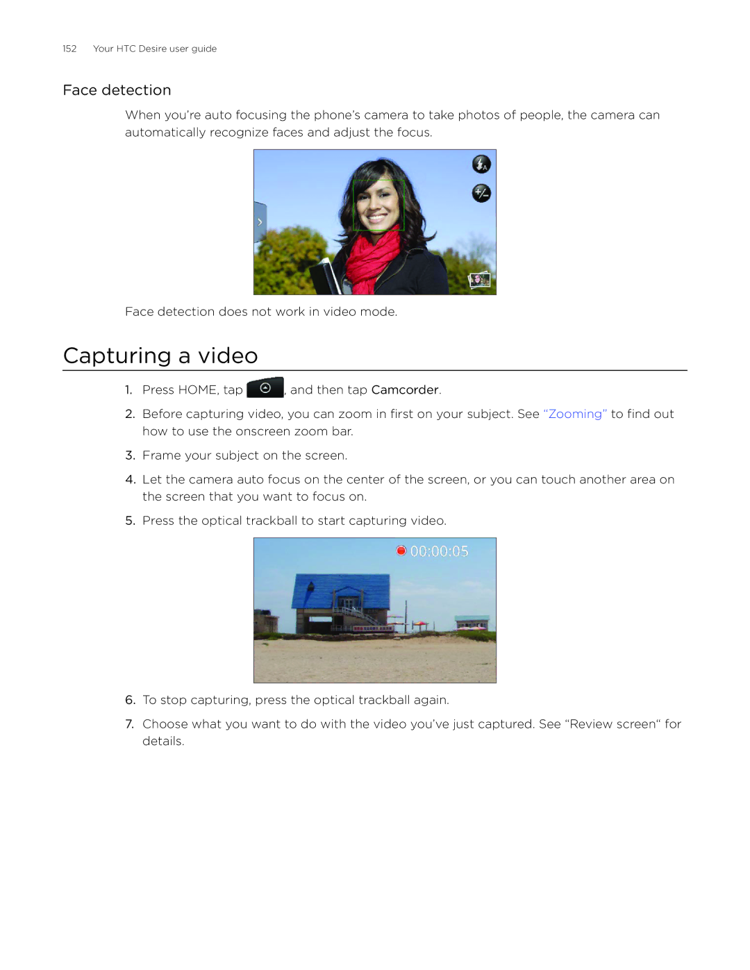 HTC Desire manual Capturing a video, Face detection 