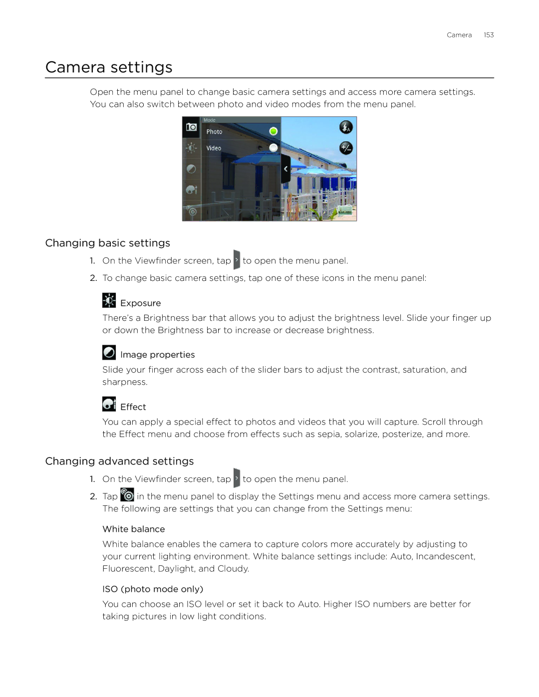 HTC Desire manual Camera settings, Changing basic settings, Changing advanced settings 