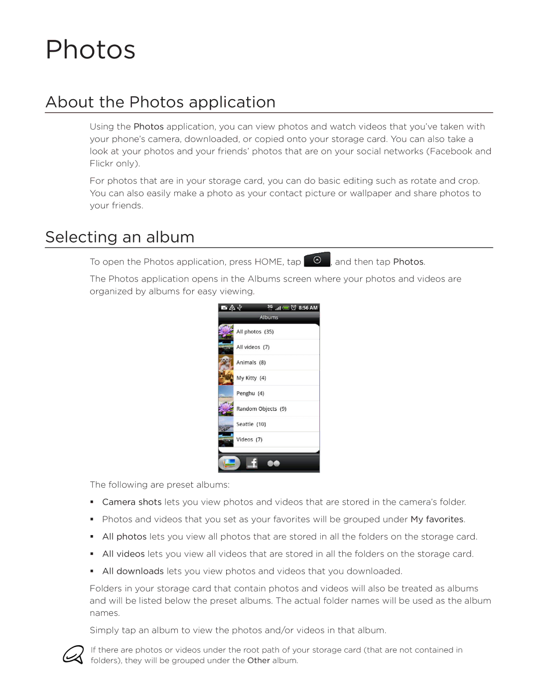 HTC Desire manual About the Photos application, Selecting an album 