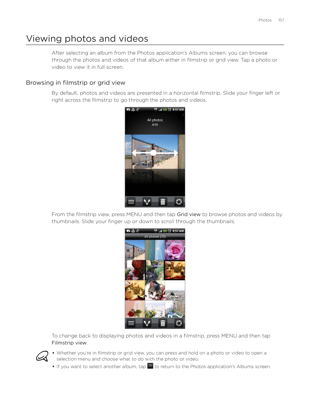 HTC Desire manual Viewing photos and videos, Browsing in filmstrip or grid view 