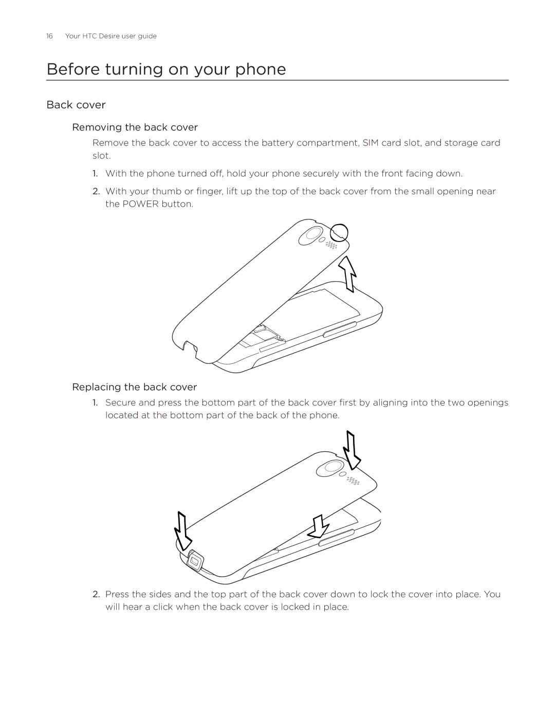 HTC Desire manual Before turning on your phone, Back cover, Removing the back cover, Replacing the back cover 