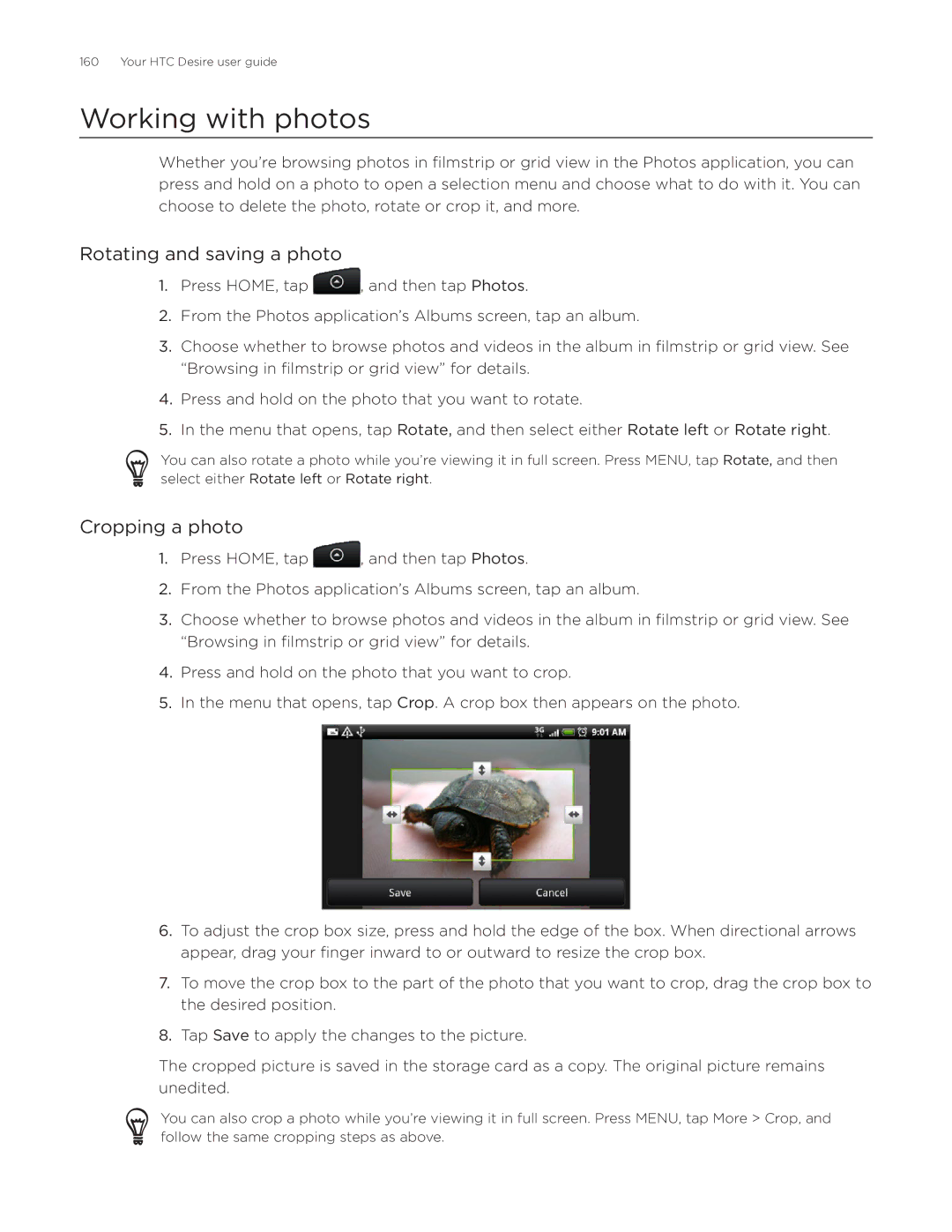 HTC Desire manual Working with photos, Rotating and saving a photo, Cropping a photo 