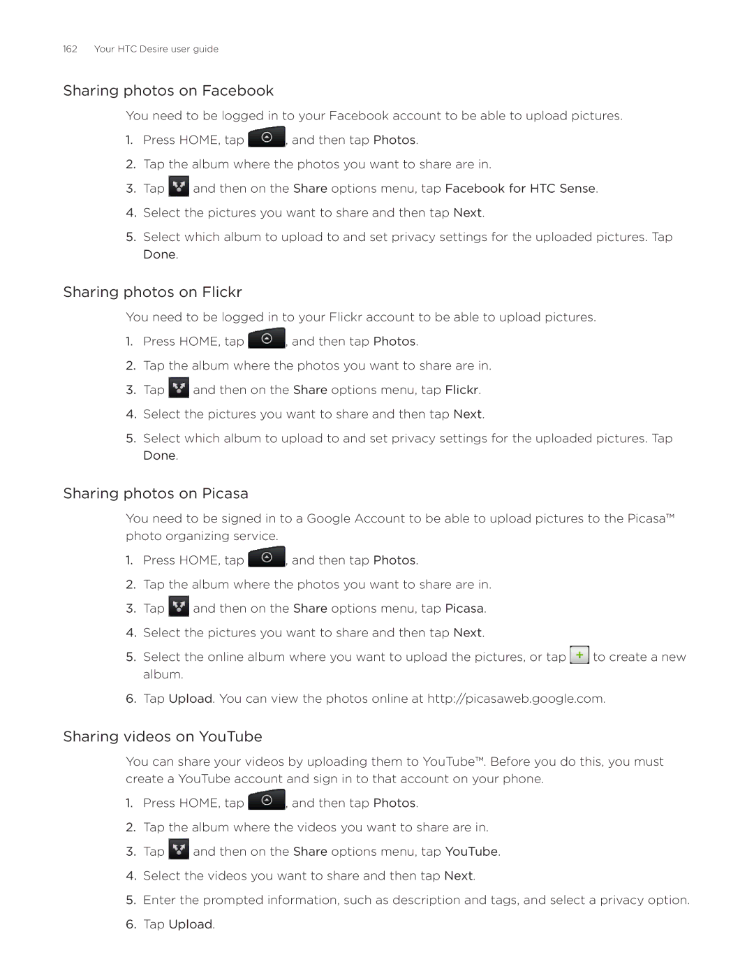 HTC Desire manual Sharing photos on Facebook, Sharing photos on Flickr, Sharing photos on Picasa, Sharing videos on YouTube 