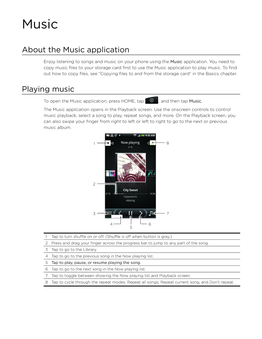 HTC Desire manual About the Music application, Playing music 