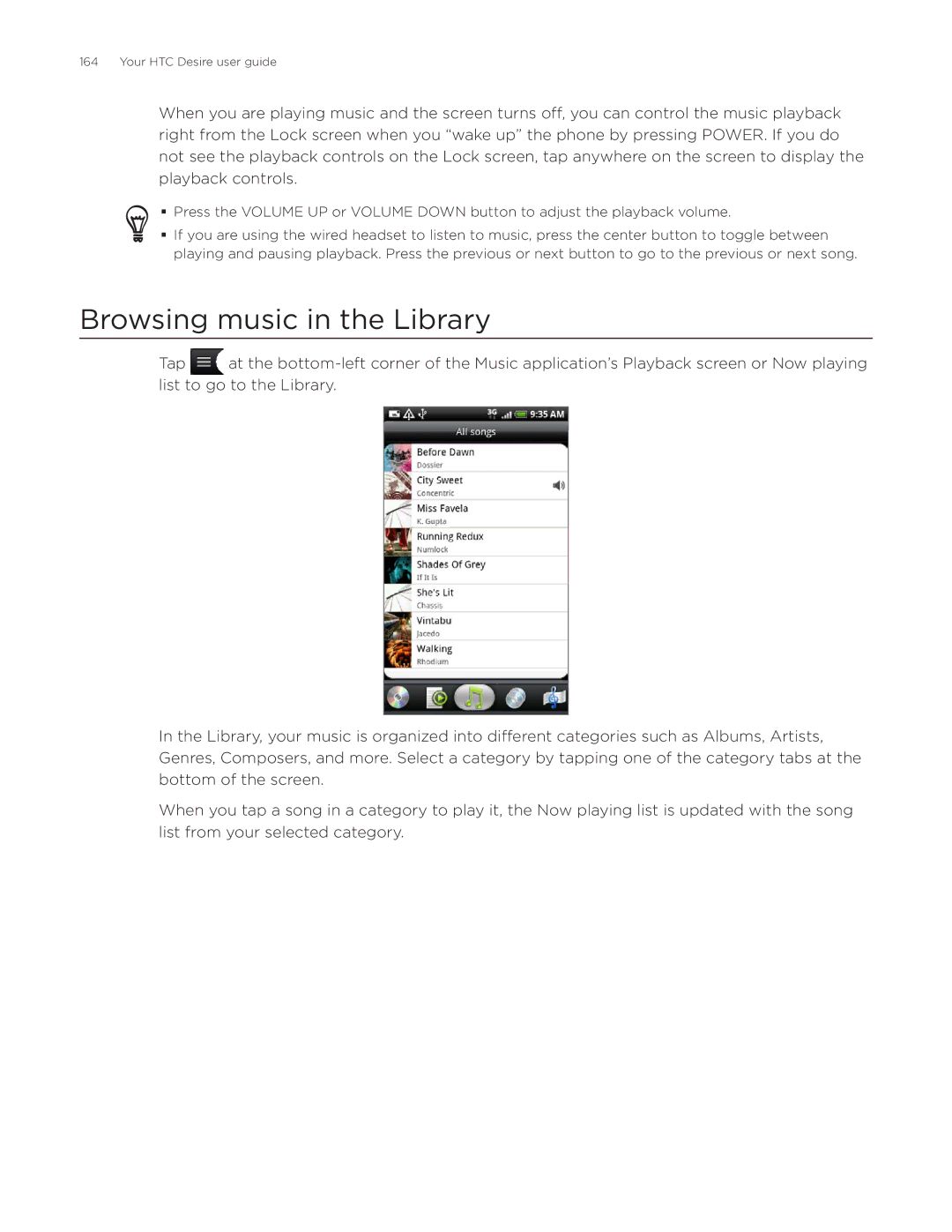 HTC Desire manual Browsing music in the Library 