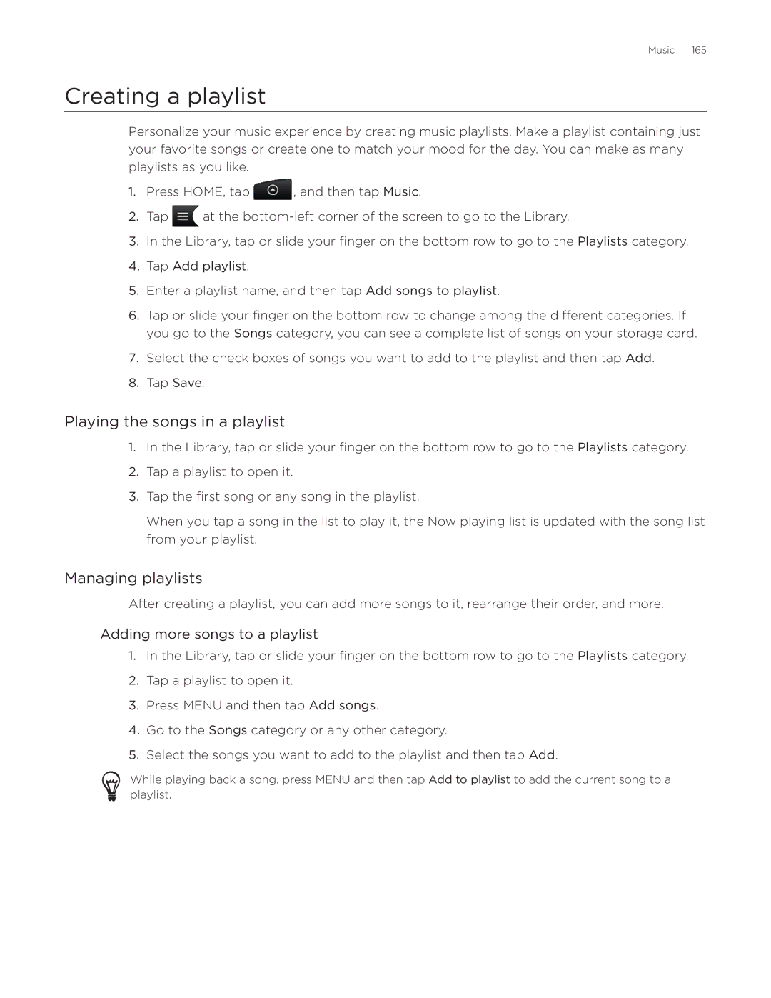 HTC Desire manual Creating a playlist, Playing the songs in a playlist, Managing playlists, Adding more songs to a playlist 