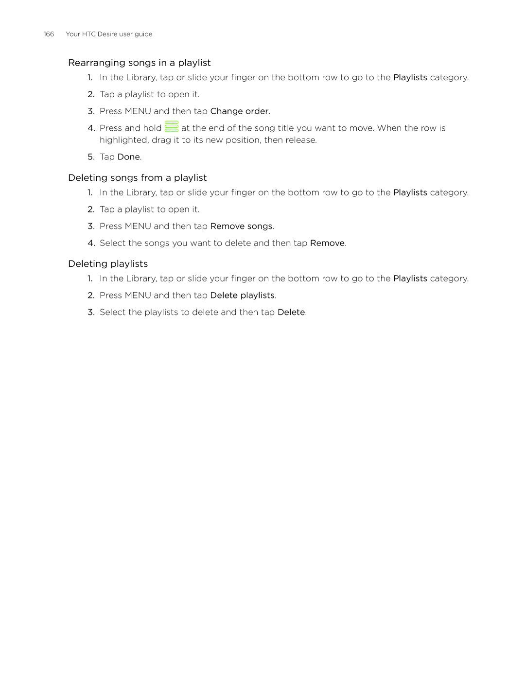 HTC Desire manual Rearranging songs in a playlist, Deleting songs from a playlist, Deleting playlists 