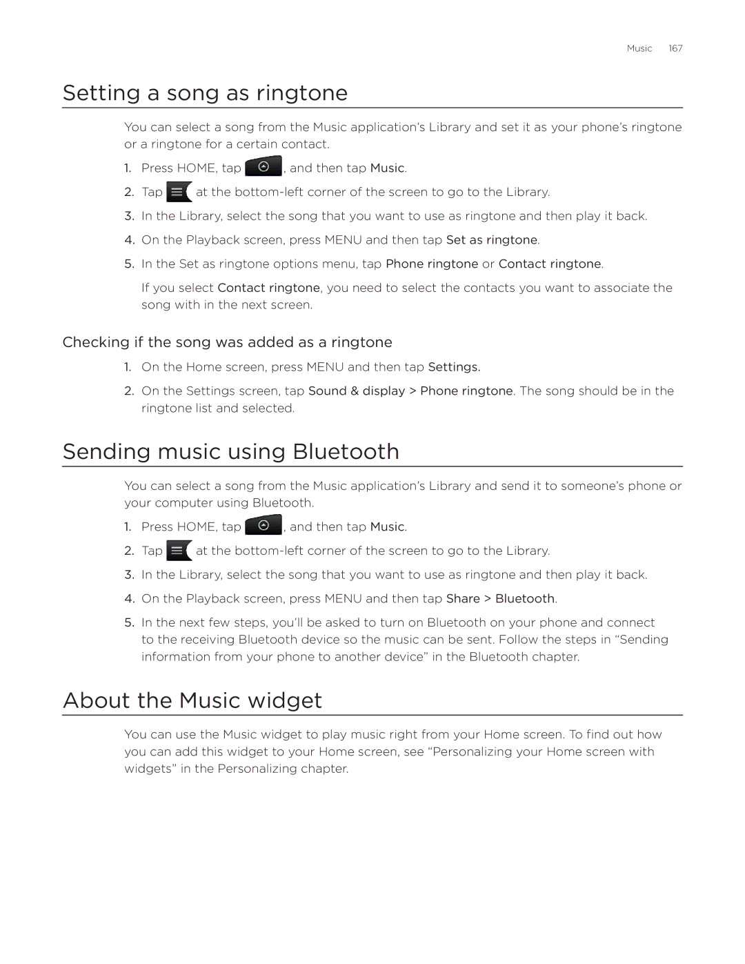 HTC Desire manual Setting a song as ringtone, Sending music using Bluetooth, About the Music widget 