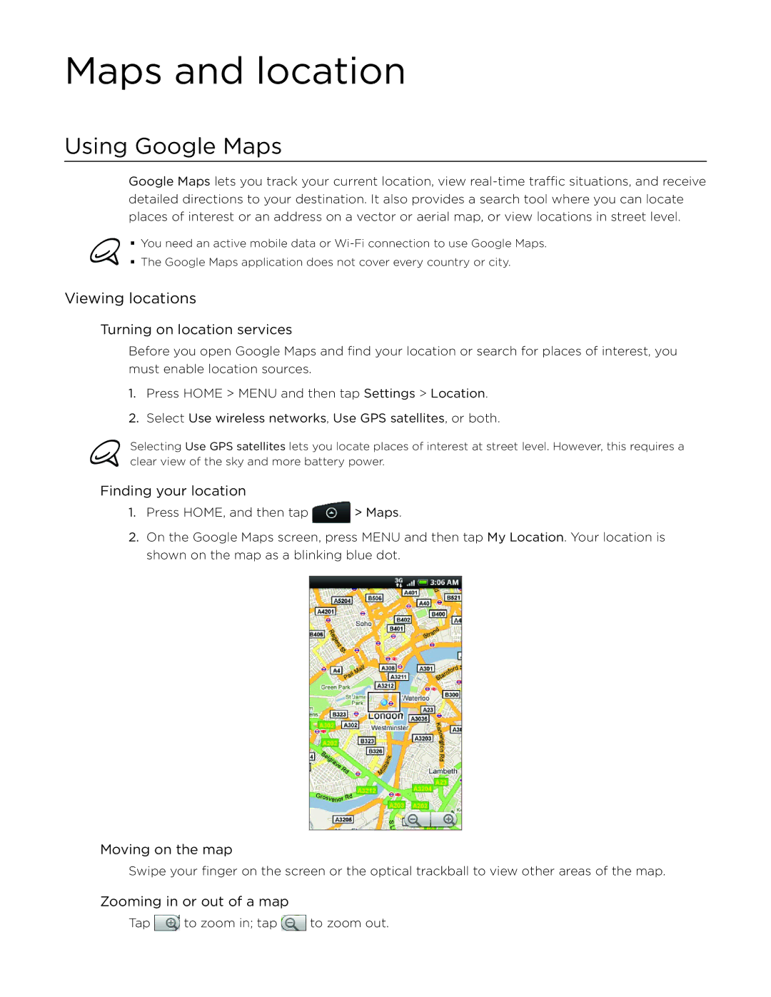 HTC Desire manual Maps and location, Using Google Maps, Viewing locations 