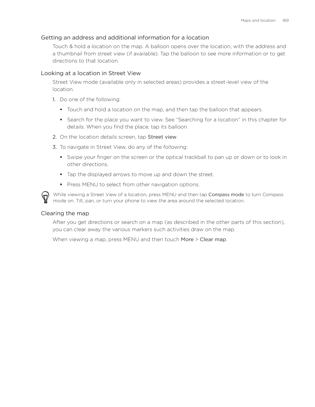 HTC Desire manual Looking at a location in Street View, Clearing the map 