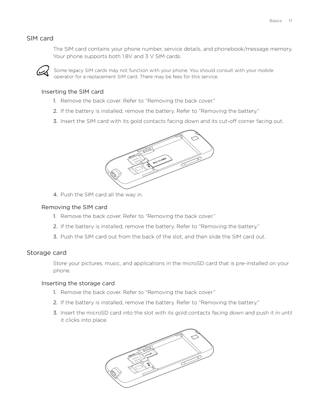 HTC Desire manual Storage card, Inserting the SIM card, Removing the SIM card, Inserting the storage card 