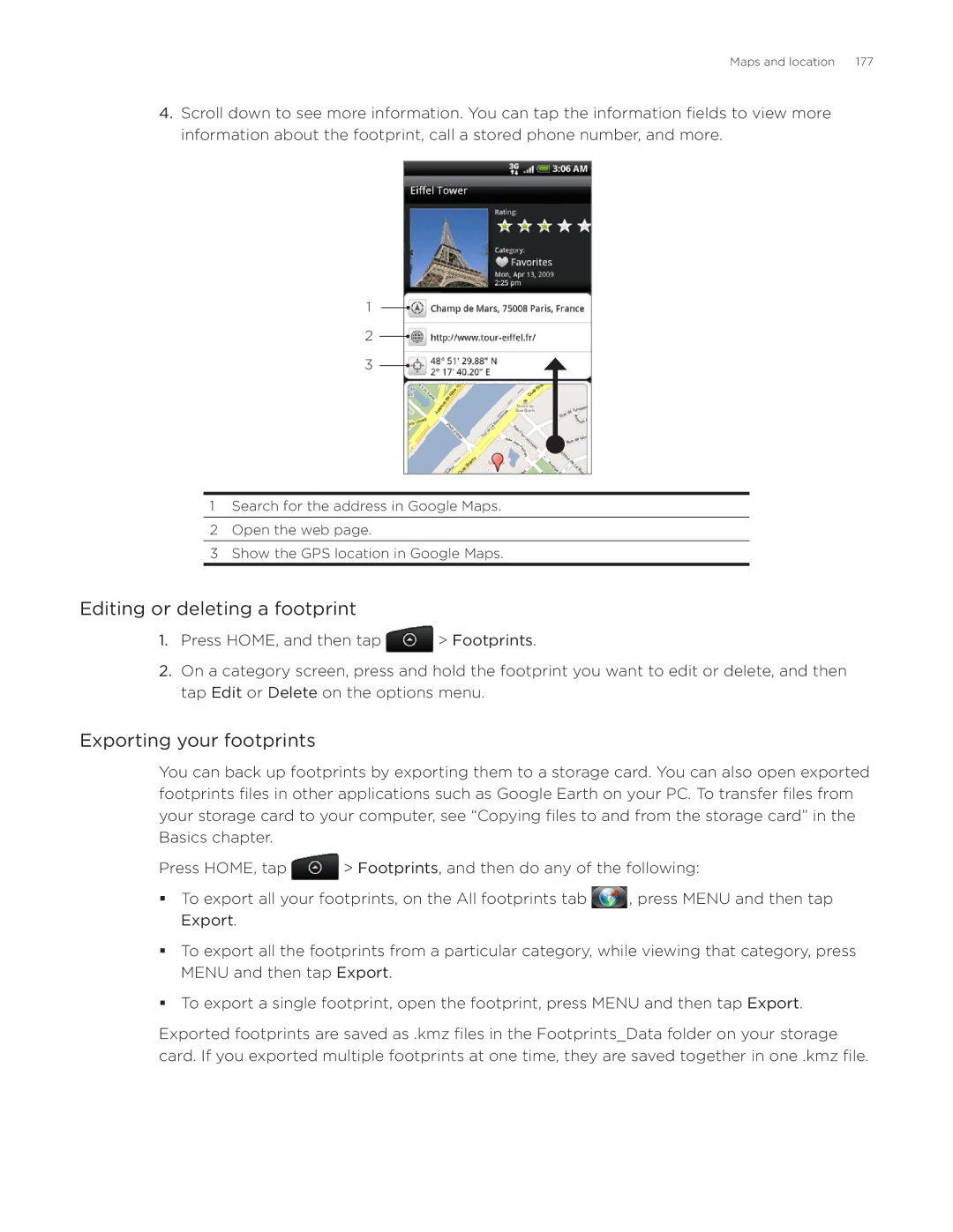 HTC Desire manual Editing or deleting a footprint, Exporting your footprints 