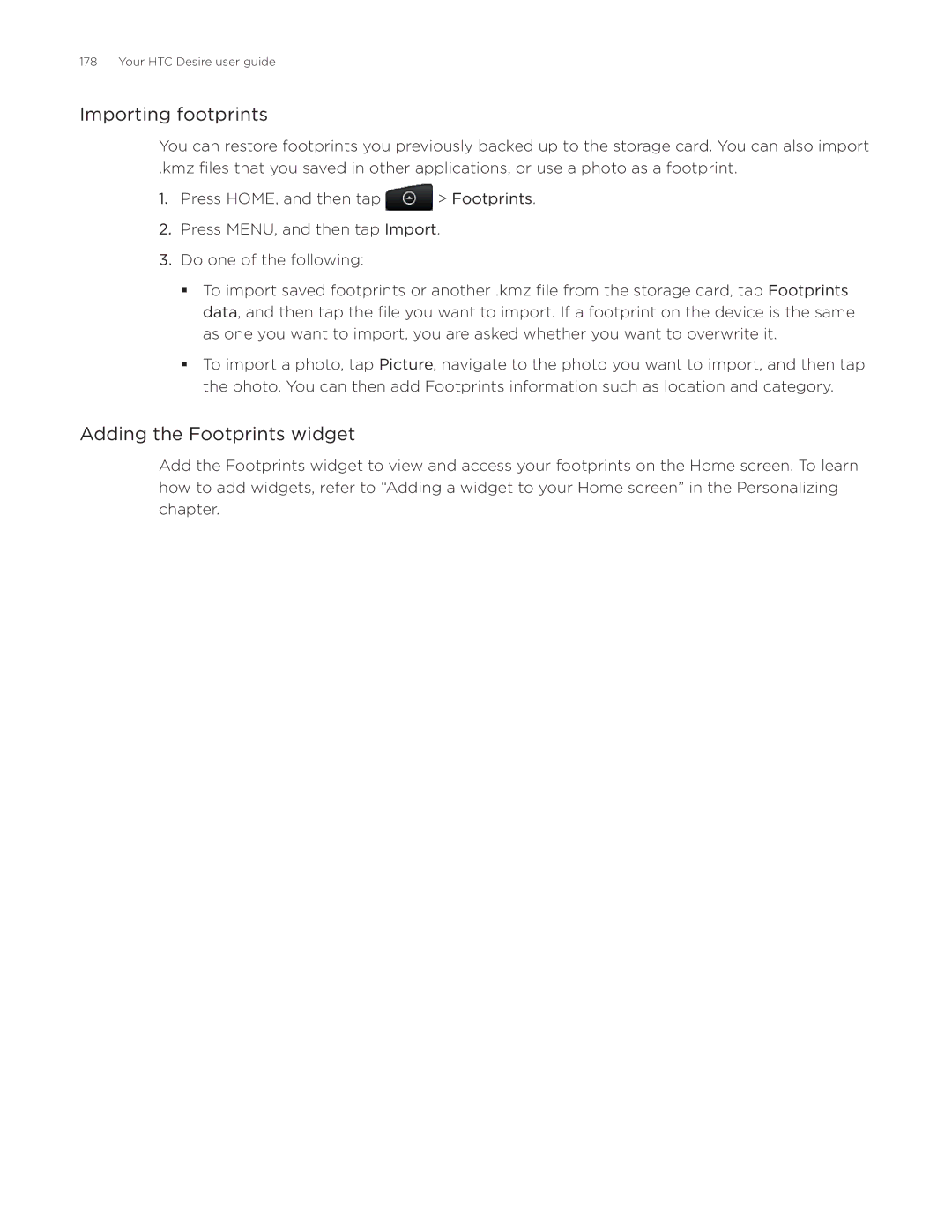 HTC Desire manual Importing footprints, Adding the Footprints widget 